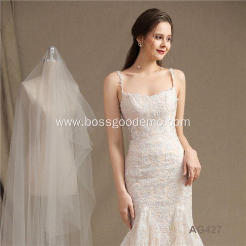 Customized simple style embroidery long train white mermaid wedding dress bridal gown